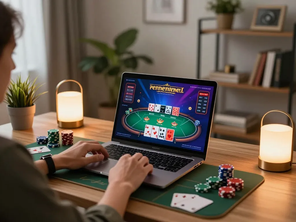 Engaging in an online poker game on https://v788.biz/ from a stylish home office.