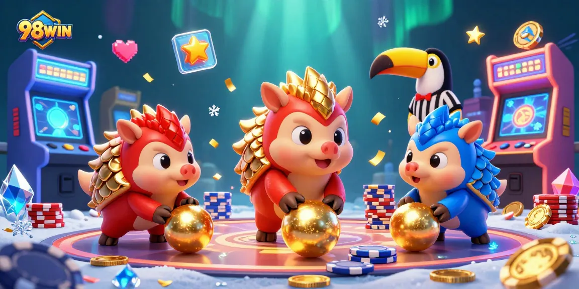 Experience the thrill of gaming with 98WIN as pangolins score against poker chips in a vibrant casino scene.