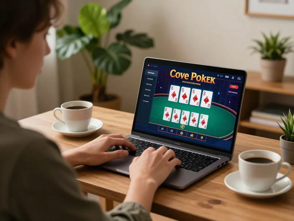 Enjoying online gaming at 58win with poker interface visible on laptop screen.