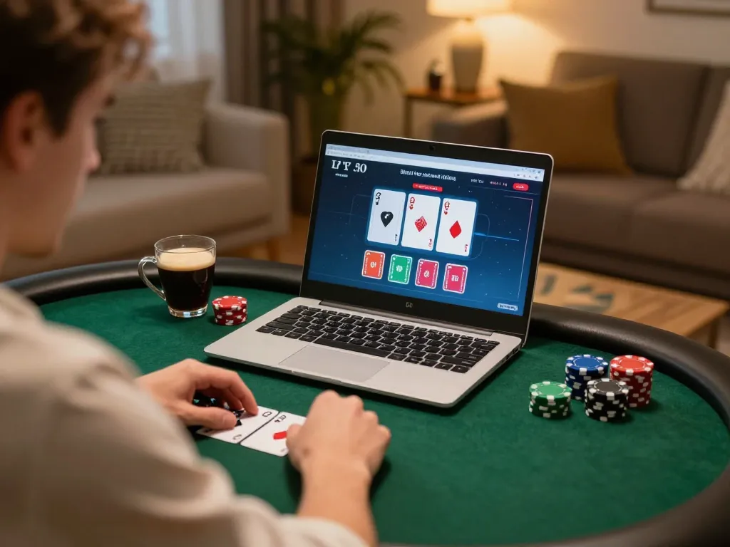 Engaging online poker gameplay at home with screen showing https://f168.sarl/ interface and strategic chips in play.