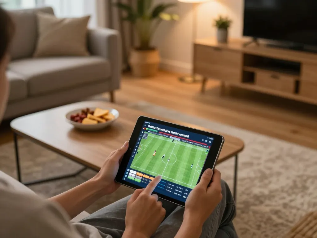 Socolive user engaging in live sports betting on a tablet in a cozy home environment.
