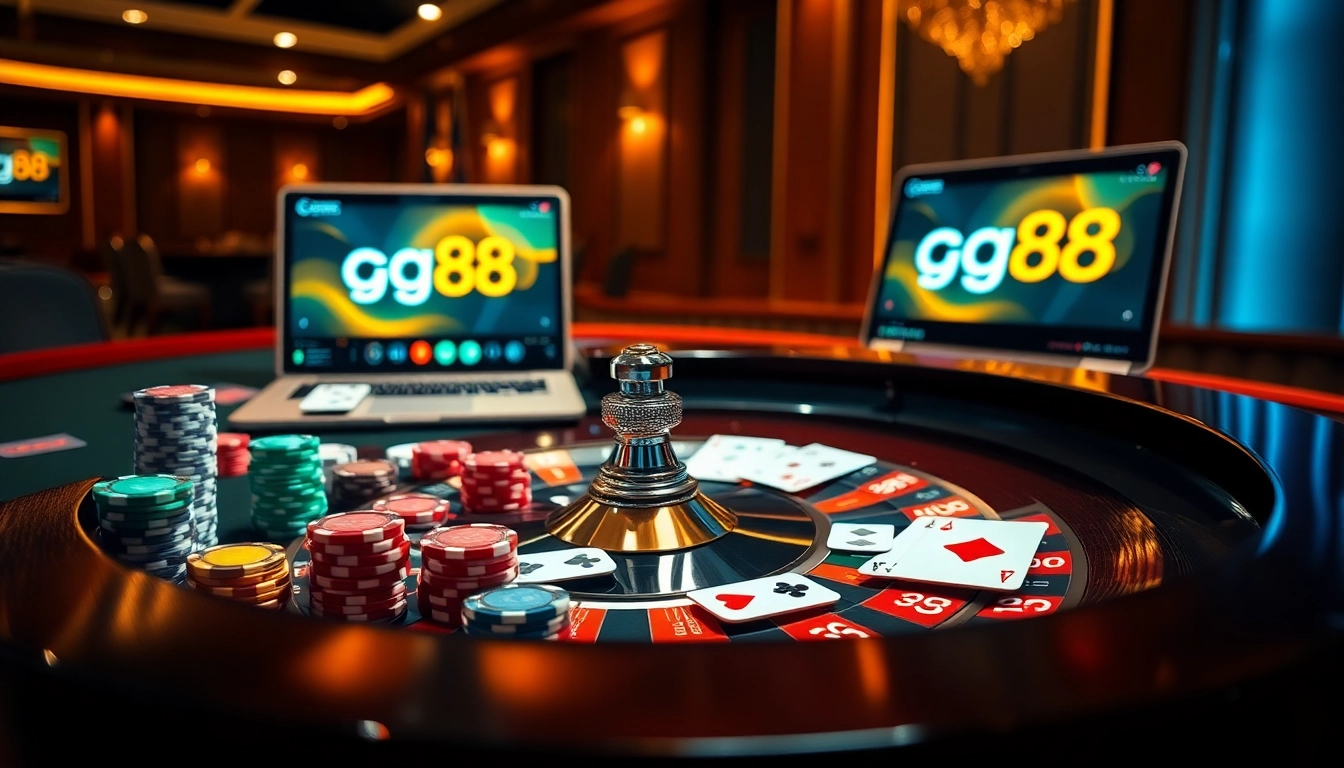 Experience the excitement of gambling at GG88 KJC with vibrant poker chips and cards on a luxury table.