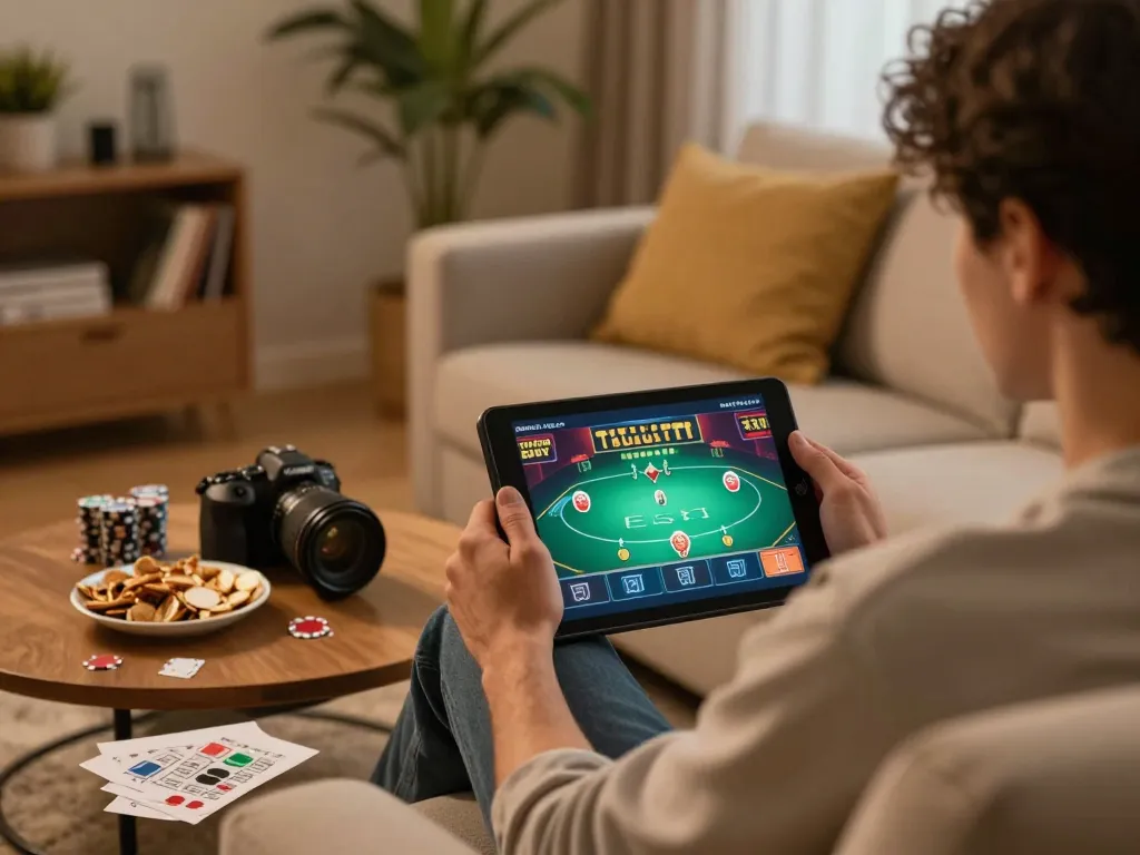 Experience online gaming at https://tg88uk.com/ with an engaged player using a tablet in a cozy home setting.