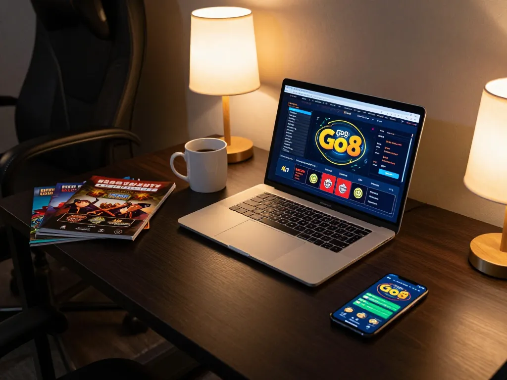 Engaging in strategic gameplay on Go8’s online casino platform with a sleek laptop setup.