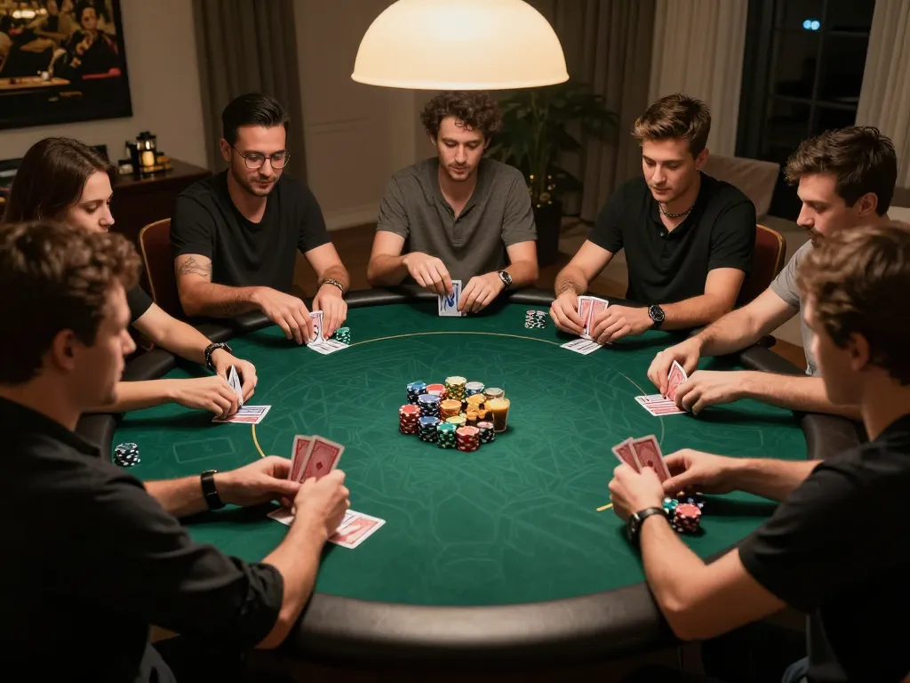 90P poker game with friends at home, showcasing strategy and teamwork in an inviting atmosphere