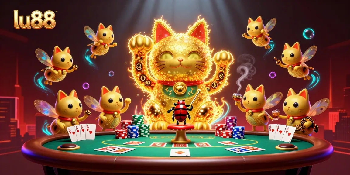 Engage in thrilling moments with lu88's iconic lucky cat and poker elements in a vibrant casino scene.
