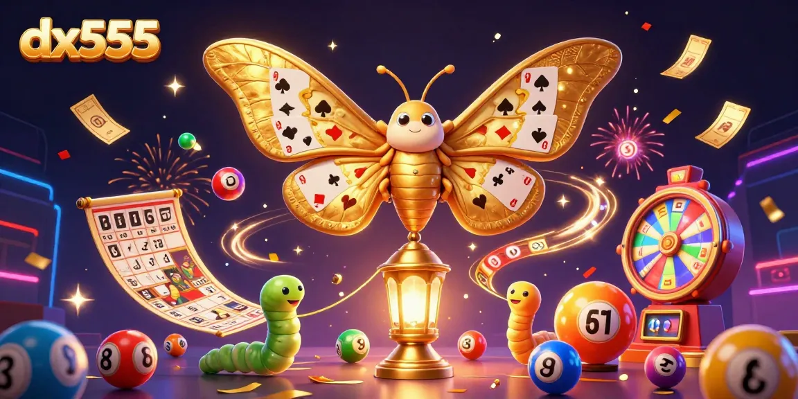Engage with dynamic casino themes in dx555 featuring a majestic atlas moth with colorful lottery elements.