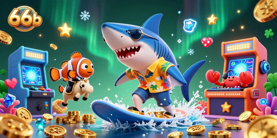 Experience thrilling fun at 66b with a vibrant 3D casino illustration featuring colorful characters and gaming elements.