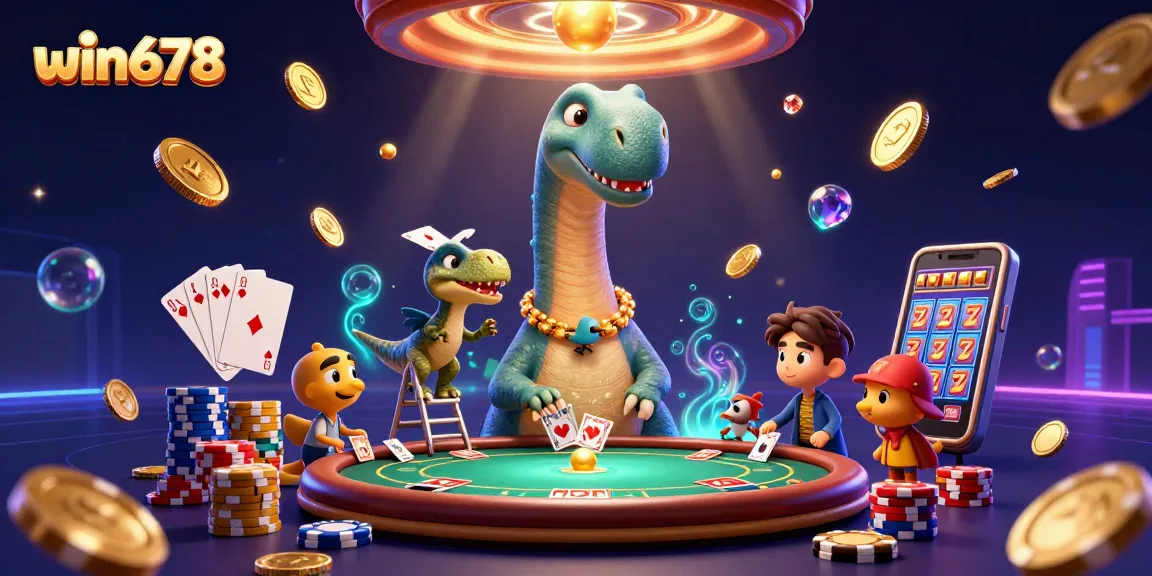 win678 players engaging in exciting casino games with a dinosaur and clever raptor dealer.