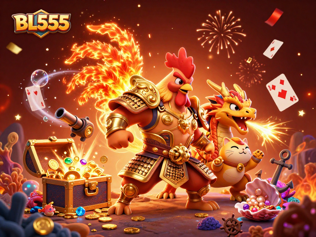 Engage in thrilling gameplay at BL555 with a powerful rooster warrior, dragon, and treasure illustrations.