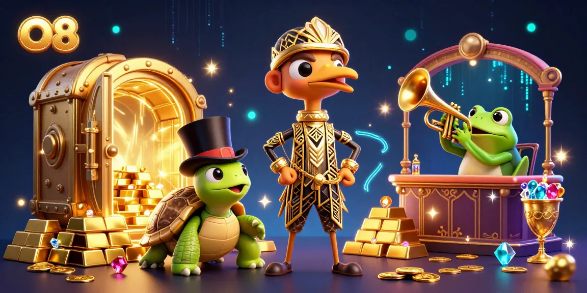 Experience thrilling gameplay at O8 with vibrant 3D illustrations of slots, treasures, and casino excitement.
