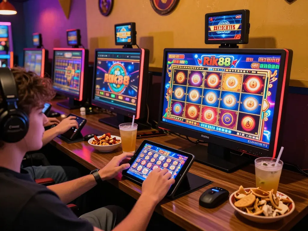 Engaging gameplay at Rik88 casino featuring a user enjoying vibrant slot machines on a tablet.