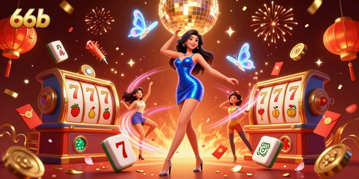 Engage with the vibrant casino scene featuring 66b, with dynamic characters and iconic slot elements.