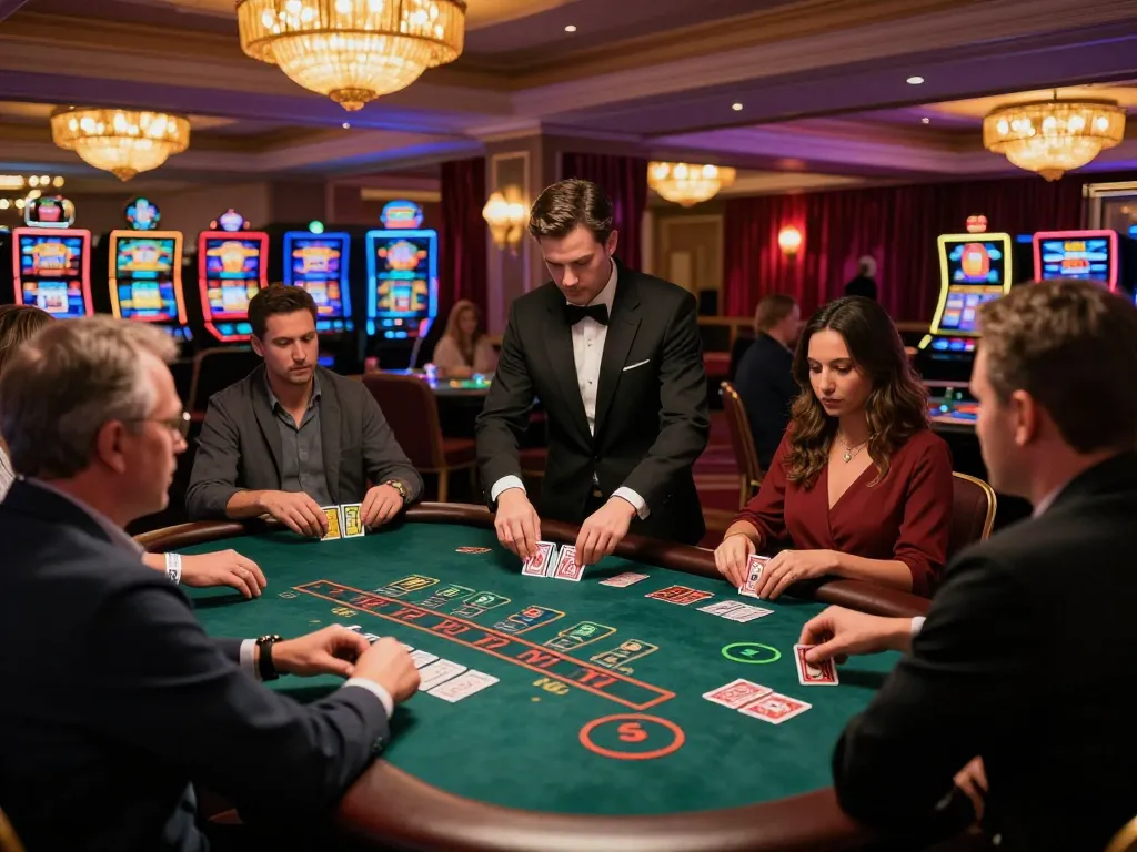 Players at hitclub blackjack table making strategic decisions during a thrilling game in an upscale casino atmosphere