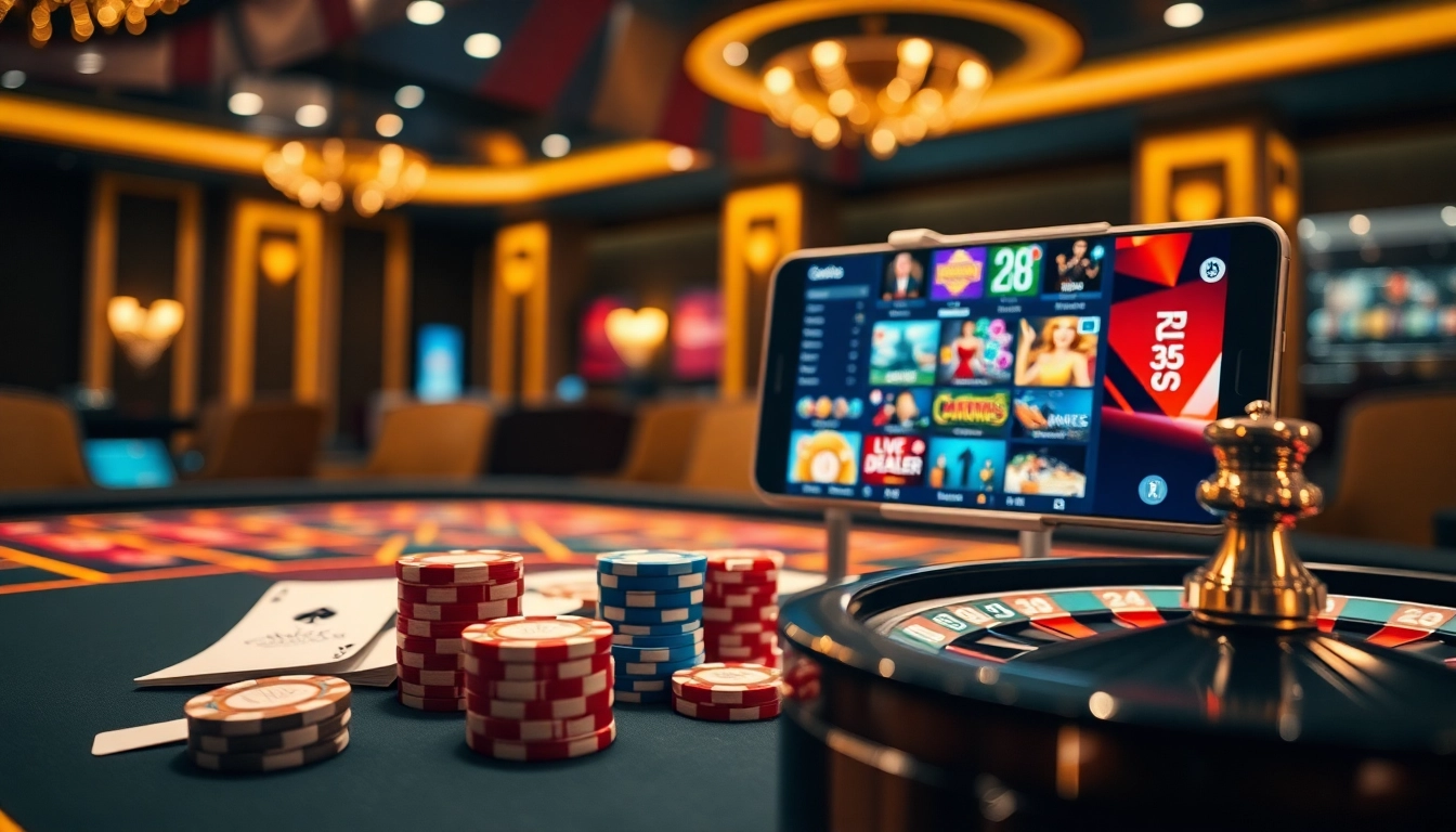 Engaging casino scene showcasing online gambling features of ok365 com with vibrant colors and luxurious atmosphere.