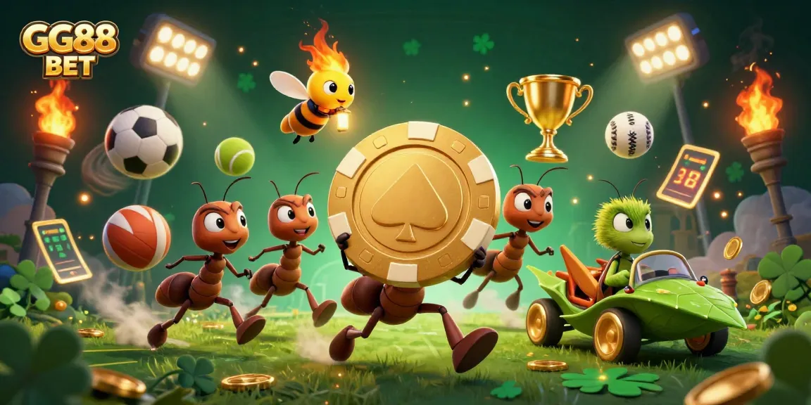 Experience thrilling action at GG88 BET with cartoon ants on a heist surrounded by sports elements.