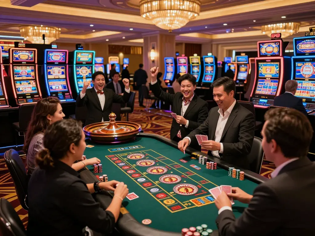 Players celebrating wins at the casino floor while engaging in lively games at fly888.
