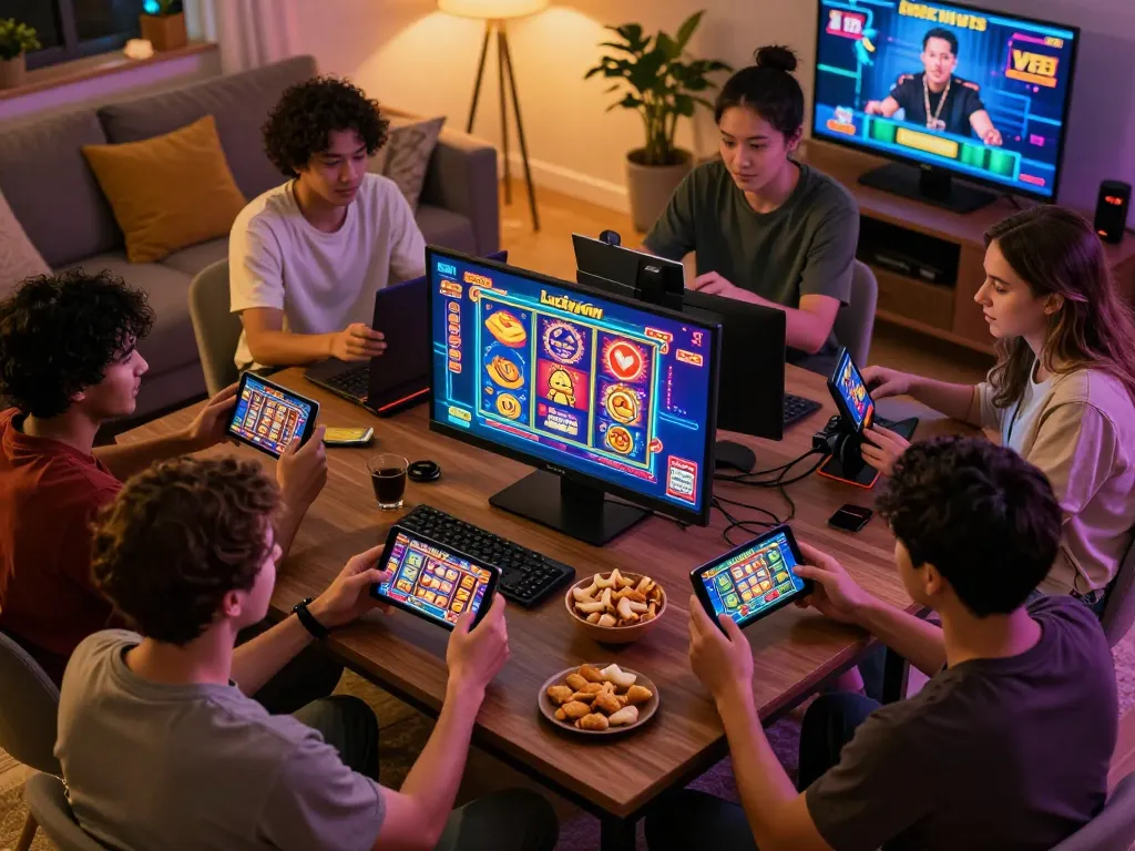 Engaging players using the Luckywin app in a cozy home setting, showcasing a fun gaming experience.