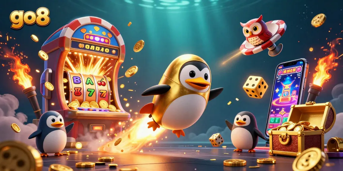 Go8 gaming enthusiasts celebrate victory amid a vibrant casino-themed scene bursting with prizes.