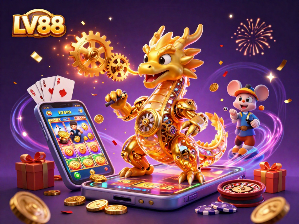 Experience LV88's thrilling gaming atmosphere with a golden dragon and vibrant casino elements.