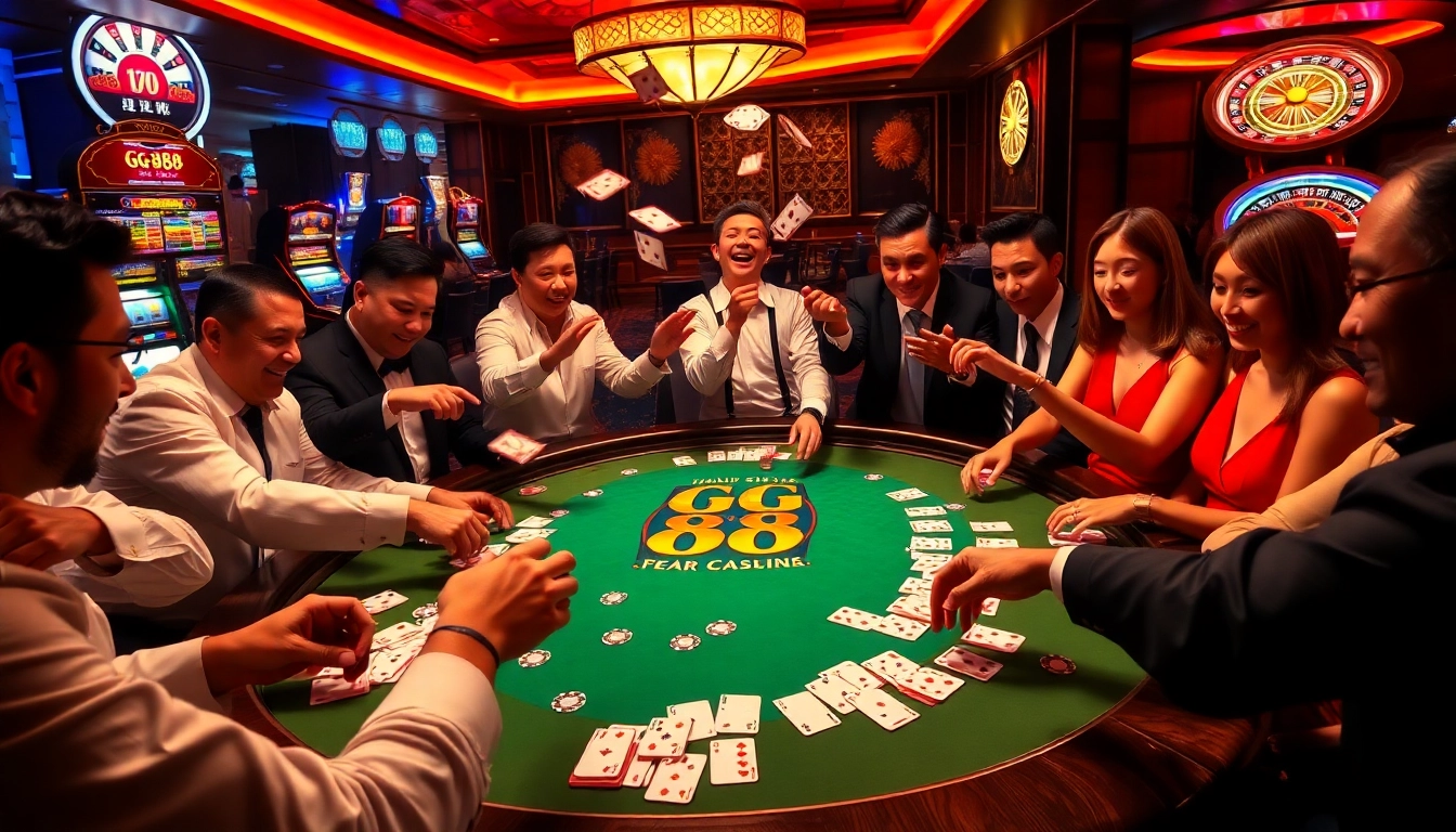 GG 88 players engaging in an exciting poker game at a lavish casino table.