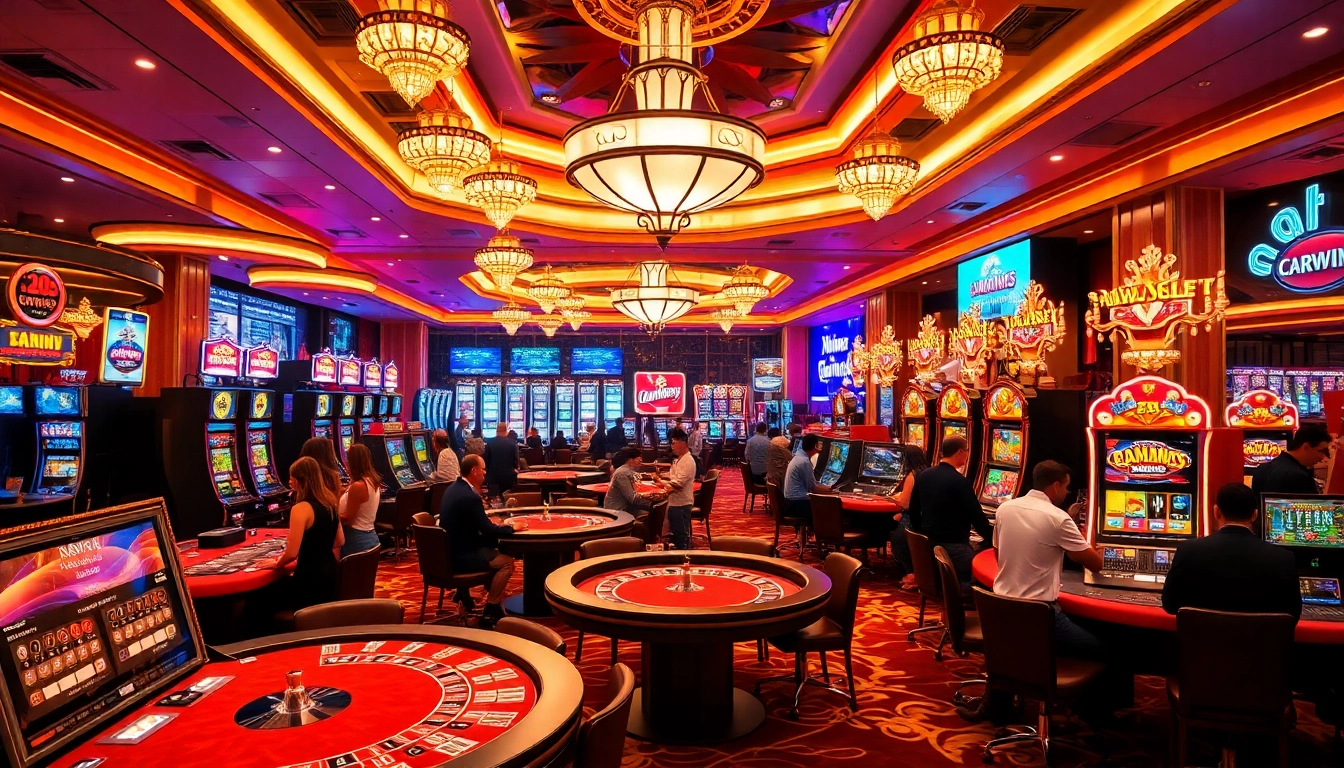 Kuwin casino scene with vibrant lights, poker tables, and excited players celebrating wins.