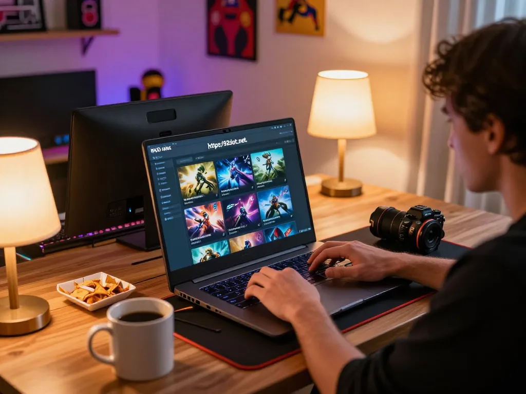 Player enjoying online gaming at https://92slot.net/ with laptop and snacks during an evening session
