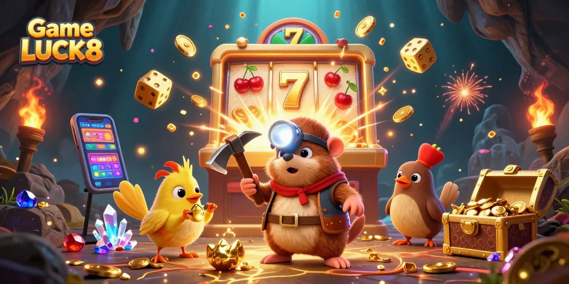 Experience the thrill of Game LUCK8 with this dynamic slot scene featuring treasure hunter mole and explosive jackpot effects.