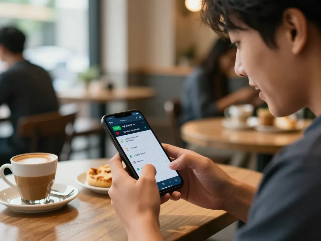 Engaging moment of betting on tỷ lệ kèo nhà cái 5 displayed on smartphone in a cozy café setting.