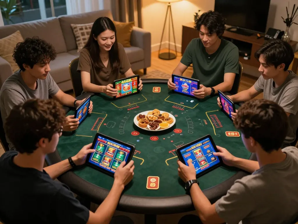 Players engaging with the LC88 casino app during a fun online gaming night, showcasing excitement and strategy.