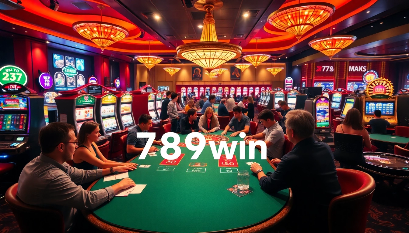 Experience the excitement of 789win with gamblers playing poker and enjoying various casino games.