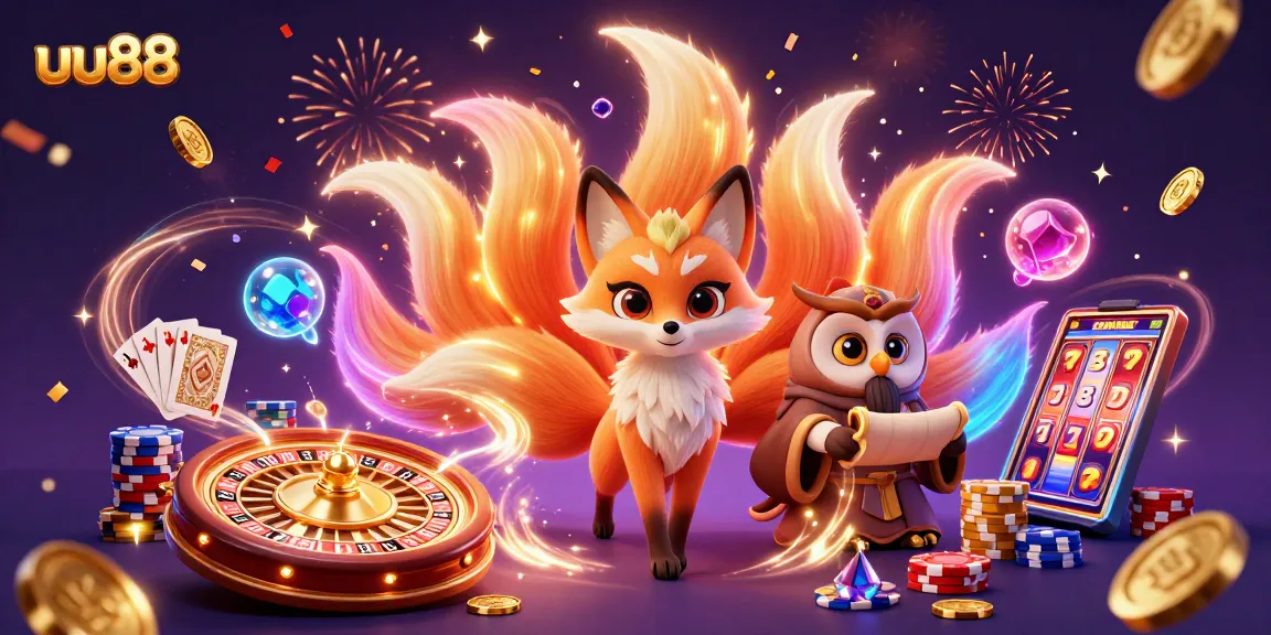 uu88's vibrant digital casino illustration showcases a mystical fox and wise owl amid glowing coins and spinning roulette.