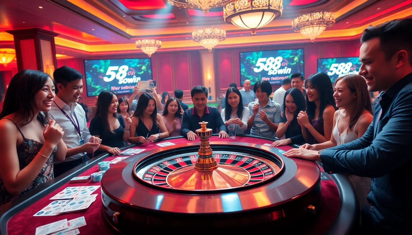 Excited players engaging in a lively casino setting highlighting 58win com's dynamic gaming experience.