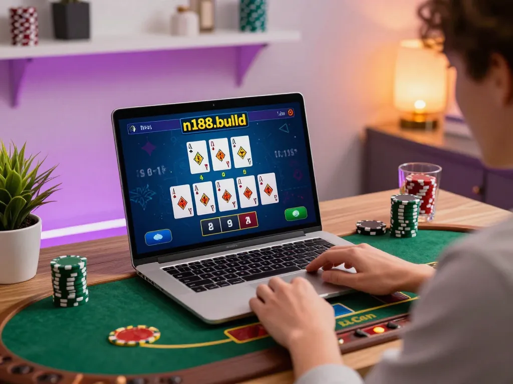 Enjoying live dealer blackjack online via https://n188.build/, showcasing a dynamic home gaming setup with engaging atmosphere.