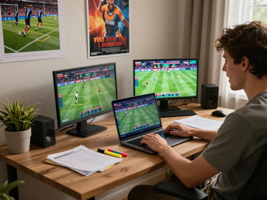 Bet on cm88 with excitement while viewing live sports odds on laptop in modern home office