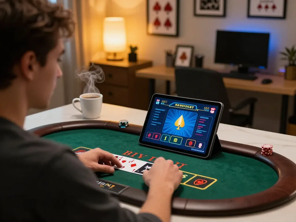 8day online gaming experience featuring a player engaging with a live blackjack table on a tablet at home, encouraging strategic gameplay
