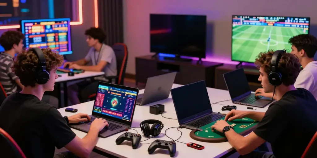 Engaged group playing F168 online games in a vibrant room.