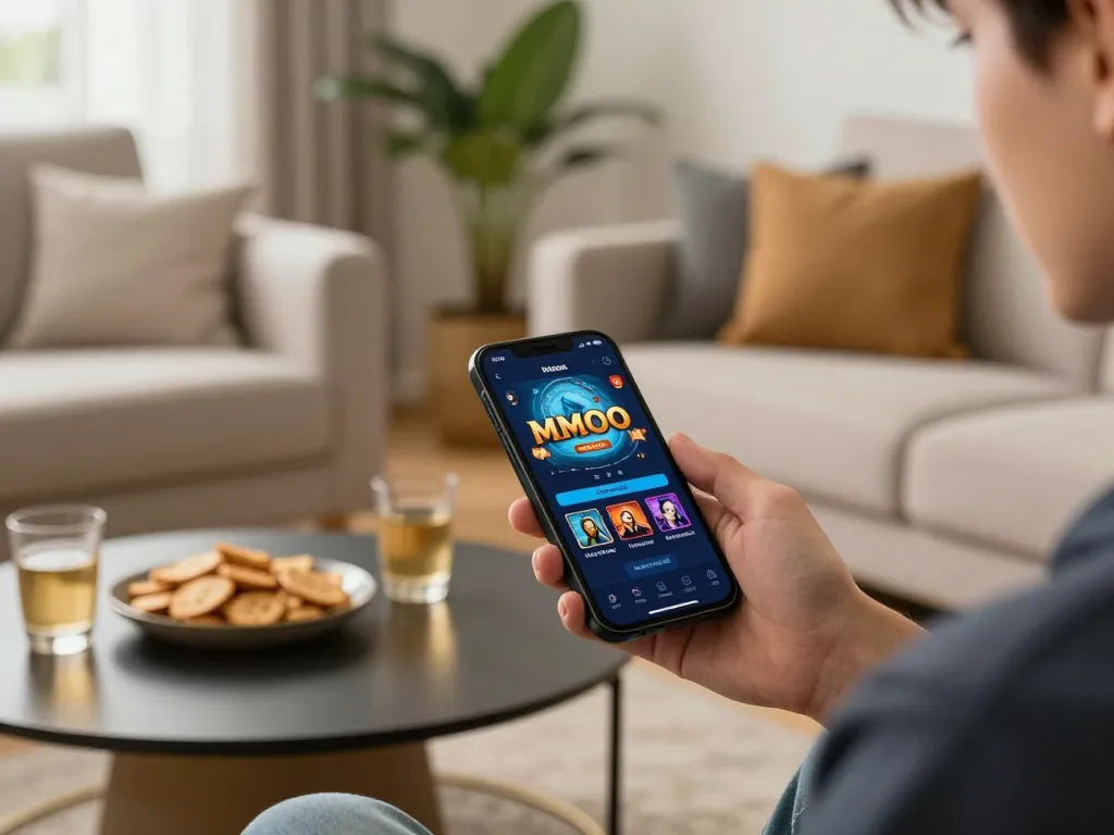 Engaging with the MMOO mobile app for an exhilarating gaming experience at home.