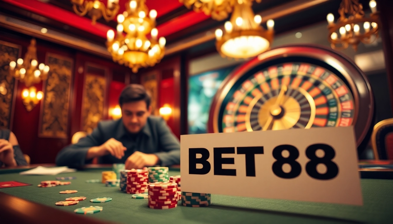 Experience excitement at BET88 with poker players and roulette wheel in a vibrant casino.