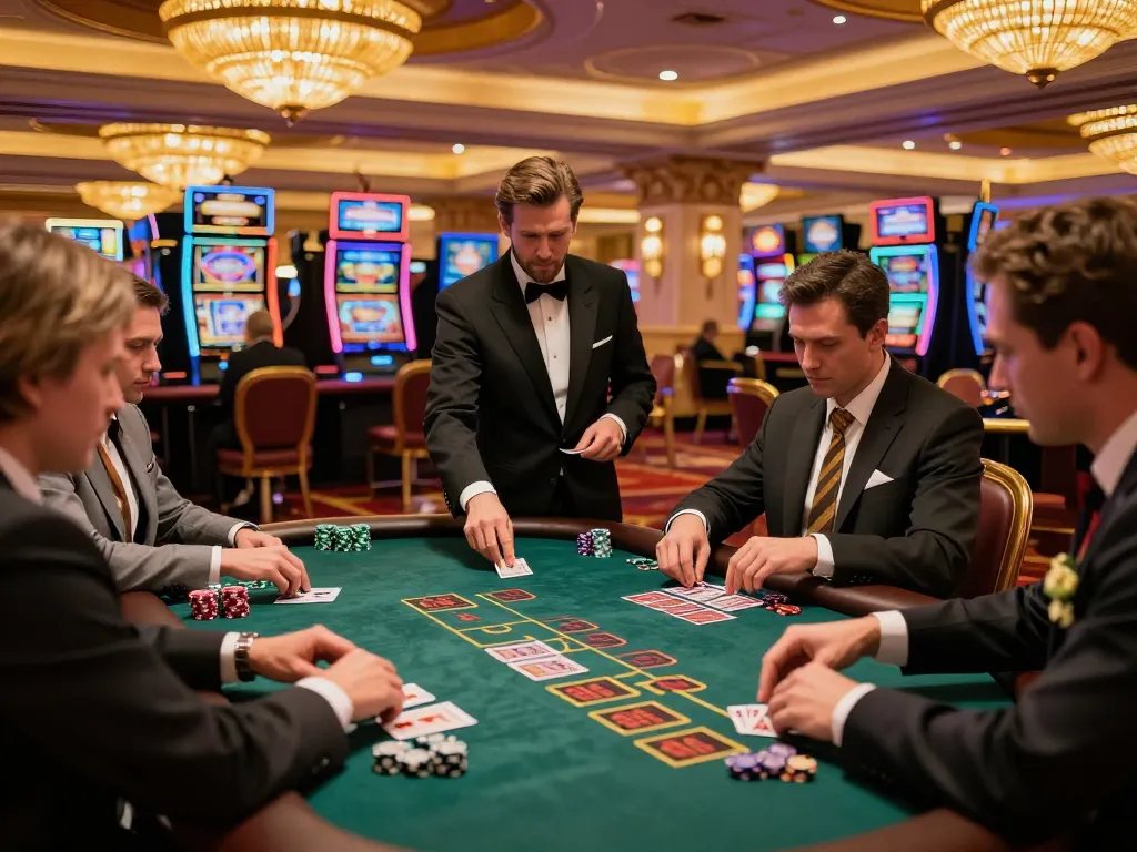 Players engaging in a high-stakes blackjack game at a luxurious casino table, showcasing MM88's vibrant atmosphere.
