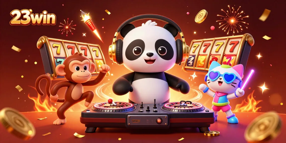 Experience the excitement of playing at 23win with a vibrant 3D scene featuring a DJ panda and festive elements.