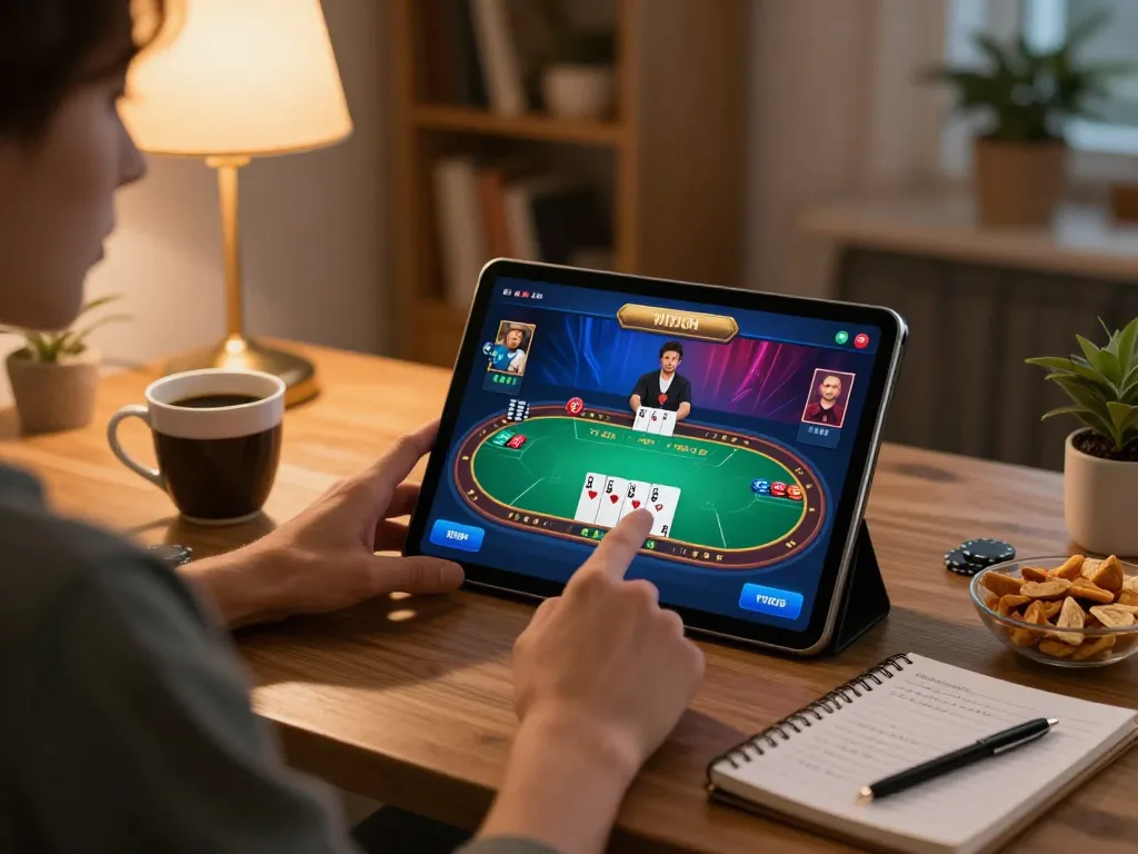 Engage with fly888 in an exciting online poker game setup at home, showcasing responsible gaming atmosphere.