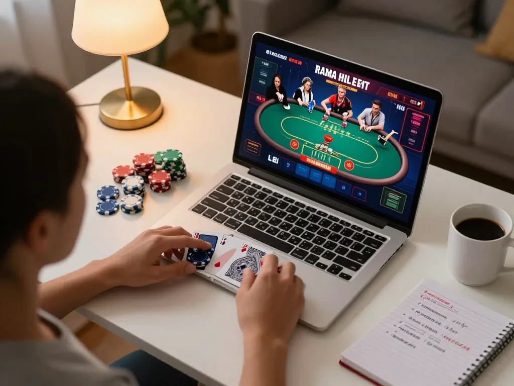 Engaging in an exciting online poker game with pucuk138, showcasing strategic gameplay at home.