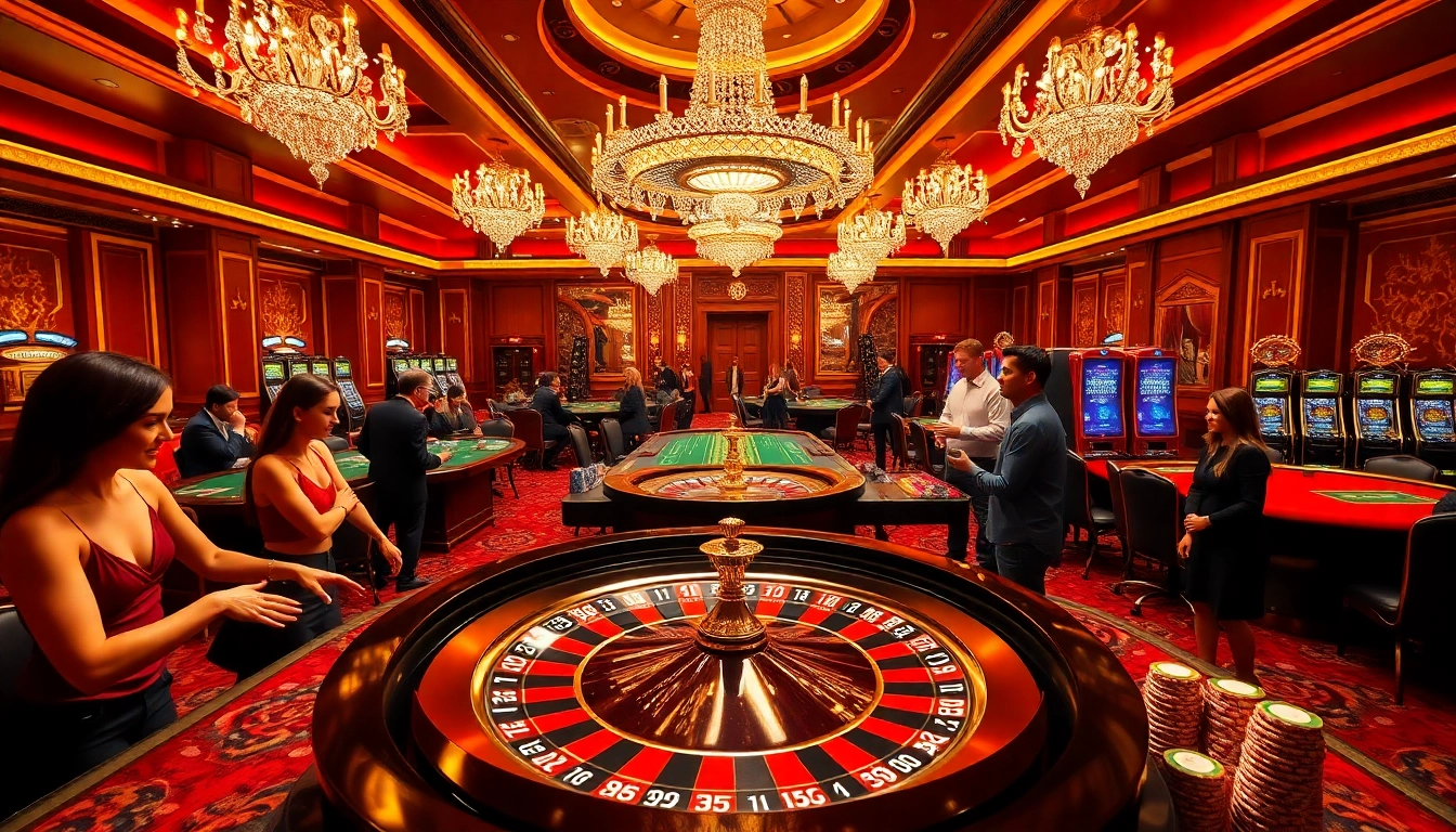 Gamblers enjoying a thrilling roulette experience at NK88 casino, surrounded by vibrant decor.