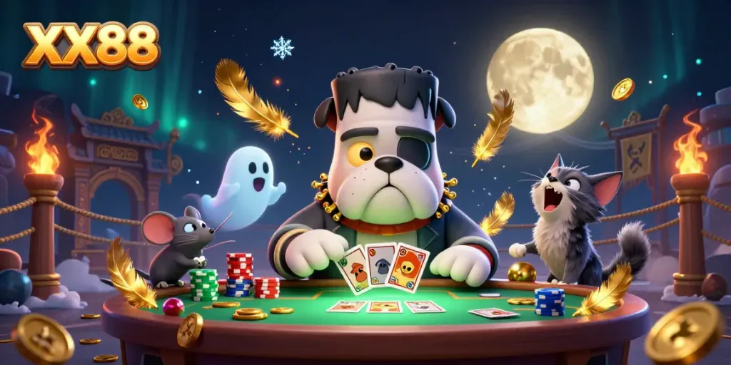 Experience thrilling card games with XX88 featuring a Frankenstein bulldog dealing cards amidst a whimsical setting.
