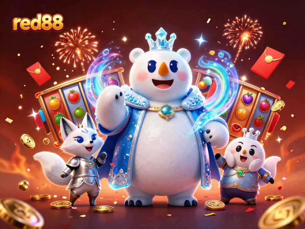 Experience the excitement of red88 with a vibrant casino scene featuring slot reels, lucky elements, and animated characters.