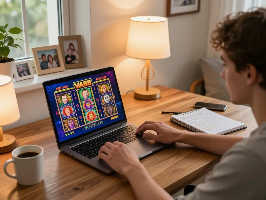 Engaging in VA88 online slots with strategic notes at cozy home gaming setup.