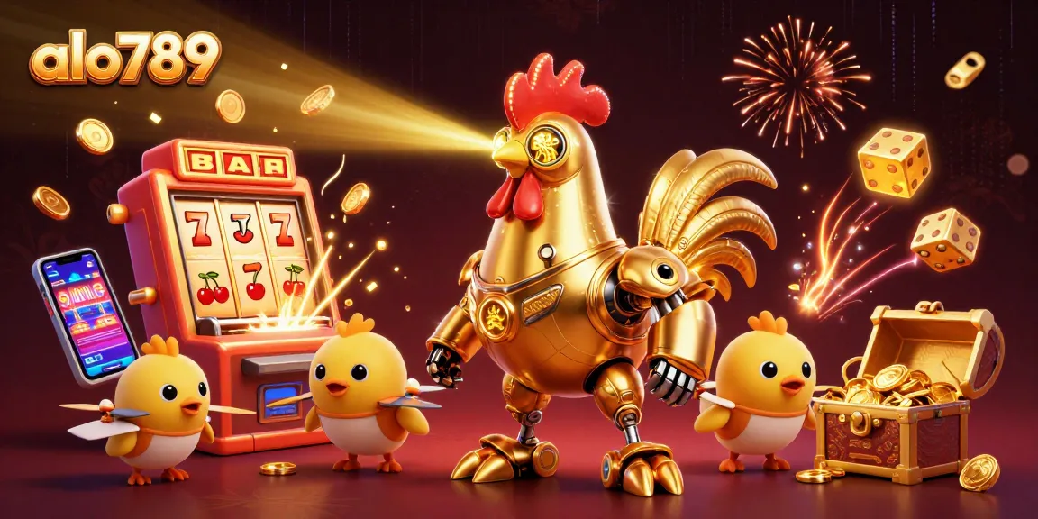 Join the action at alo789 with a golden rooster robot amidst a vibrant online casino scene.