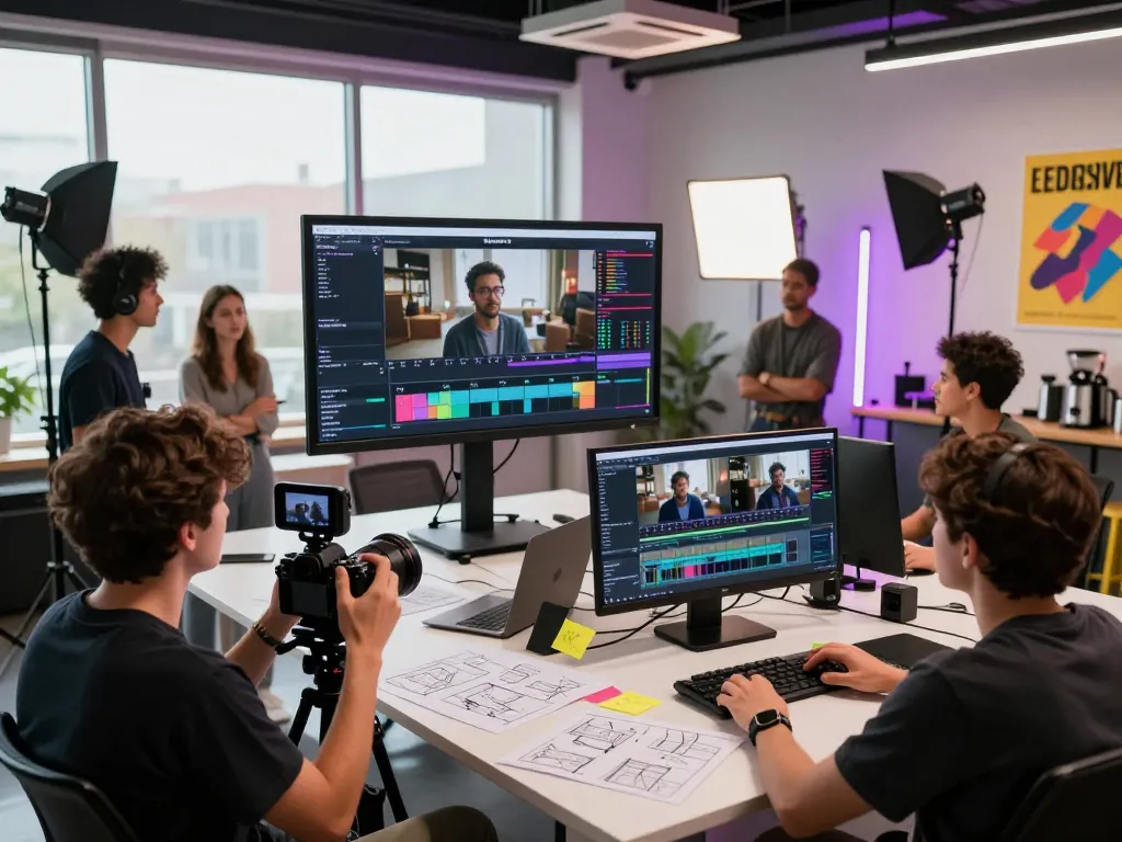 Filmmakers using seedance 2.0 in a creative video production studio, showcasing collaborative editing and filming.