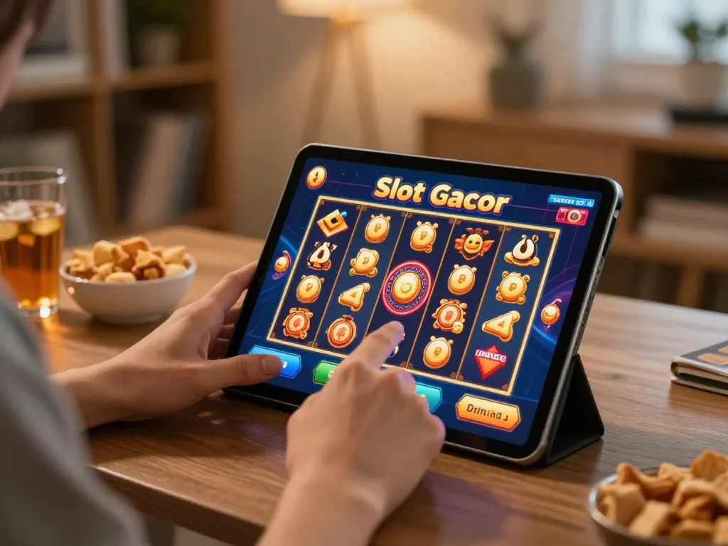 Engaging in Slot Gacor gaming on a tablet, showcasing dynamic reels in a cozy environment.